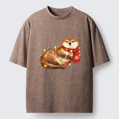 Tokyo-Tiger Cozy Otter With Christmas Lights Washed T-Shirt