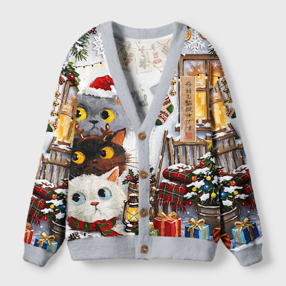 Tokyo-Tiger Three Cute Cats Watch You Ugly Cardigan Sweater
