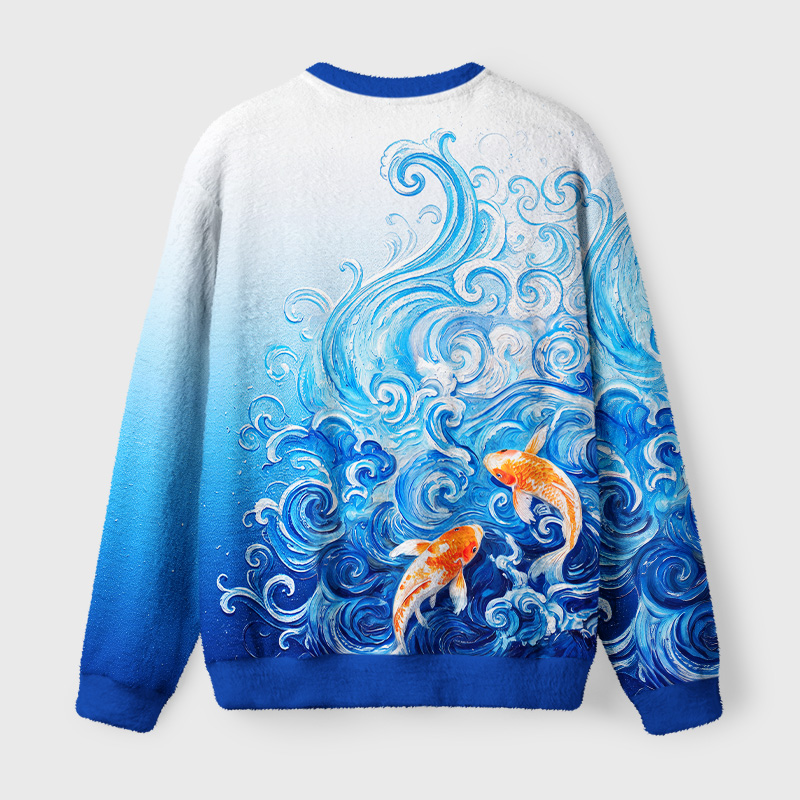 Tokyo-Tiger Van Gogh's Wave Red Koi Fuzzy Christmas Ugly Sweatshirt