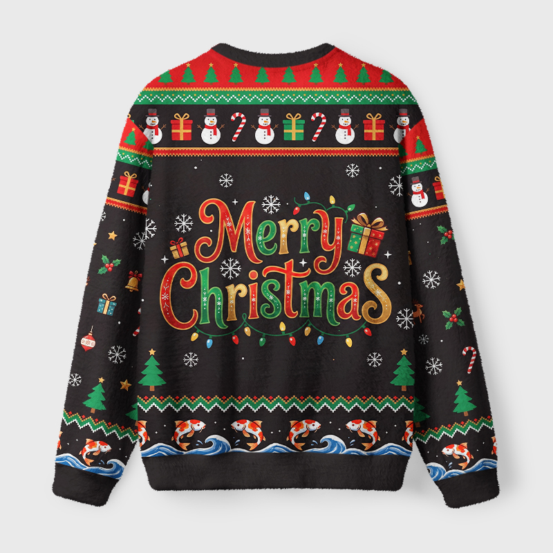 Tokyo-Tiger Funny Snowman Riding Koi Fish Fuzzy Christmas Ugly Sweatshirt