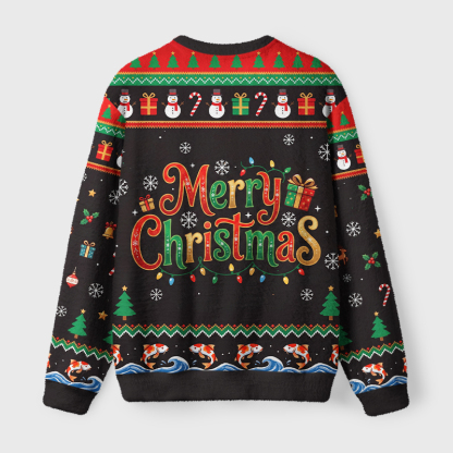 Tokyo-Tiger Funny Snowman Riding Koi Fish Fuzzy Christmas Ugly Sweatshirt