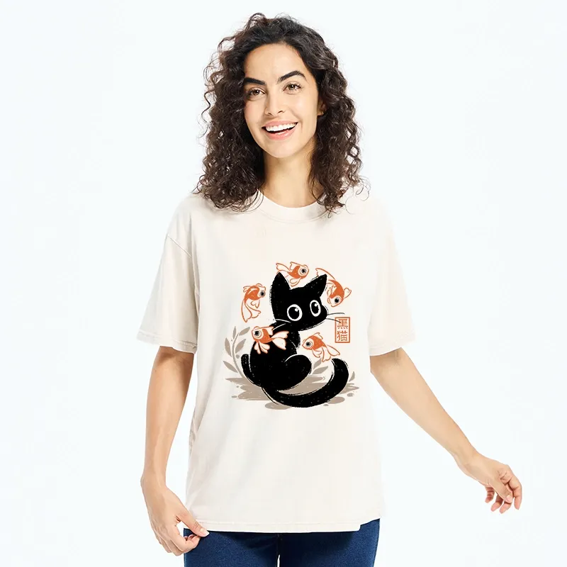 Tokyo-Tiger Curious Black Cat Among Fish Washed T-Shirt
