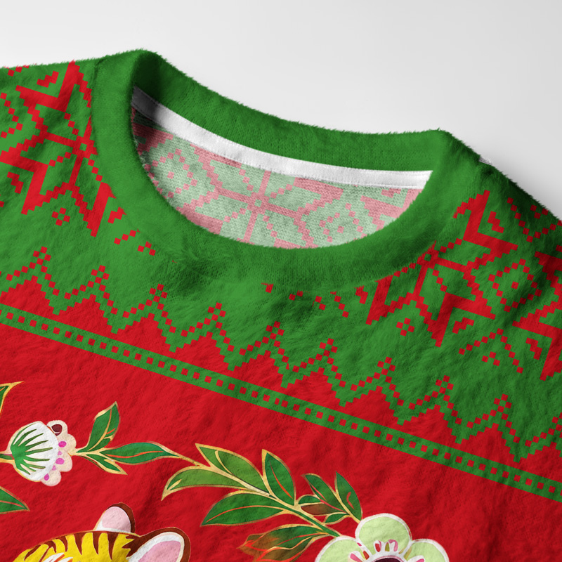 Tokyo-Tiger Japanese Auspicious Flower Tiger Fuzzy Christmas Ugly Sweatshirt