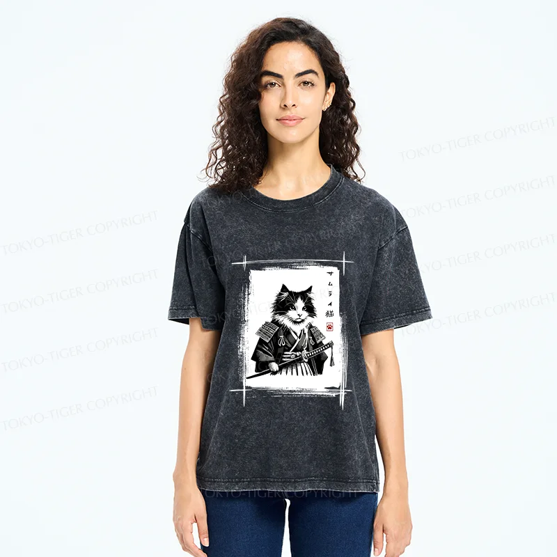 Tokyo-Tiger Tuxedo Samurai Cat Washed T-Shirt