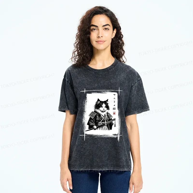 Tokyo-Tiger Tuxedo Samurai Cat Washed T-Shirt