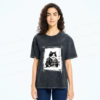 Tokyo-Tiger Tuxedo Samurai Cat Washed T-Shirt