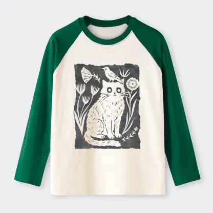 Tokyo-Tiger Folk Paper Cut Cat Bird Floral Art Raglan Long Sleeve T-shirt