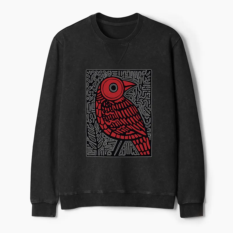 Tokyo-Tiger Retro Woodblock Bird Washed Terry Sweatshirt
