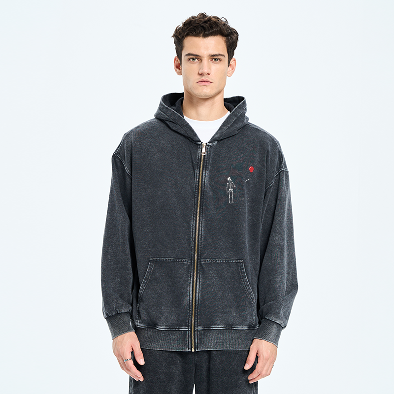 Tokyo-Tiger Skeleton Balloon Meme Washed Zip Hoodie