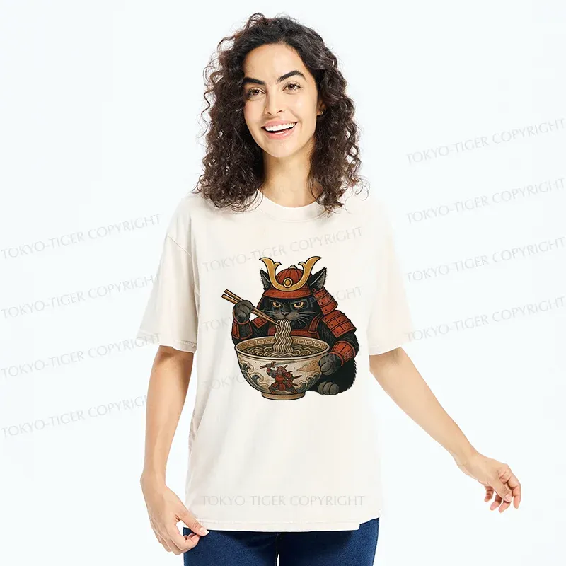 Tokyo-Tiger Cat General Eats Ramen Washed T-Shirt
