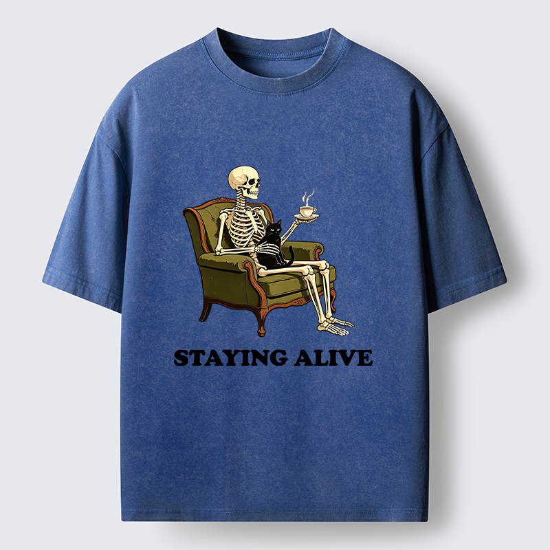 Tokyo‑Tiger Skeleton Coffee Cat Washed T‑Shirt