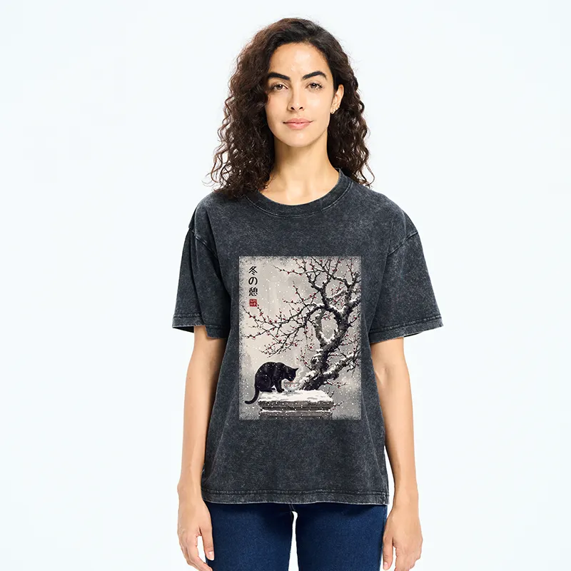 Tokyo‑Tiger Snow Cat Calm Vibes Washed T-Shirt