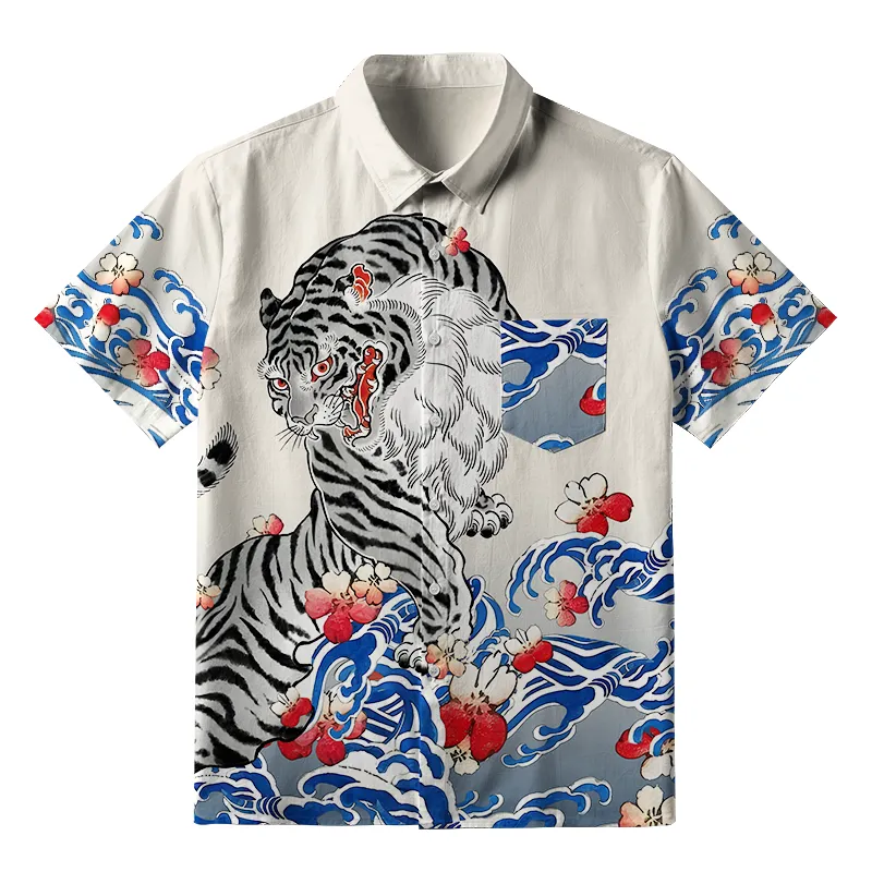 Tokyo-Tiger Fierce Tiger Amidst Sakura Wave Button-up Shirt