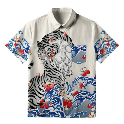 Tokyo-Tiger Fierce Tiger Amidst Sakura Wave Button-up Shirt