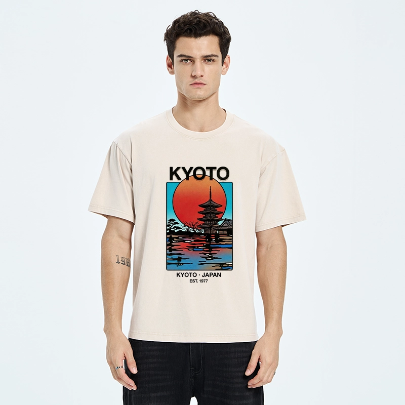 Tokyo-Tiger Japanese Temple Sunset Art Washed T-Shirt
