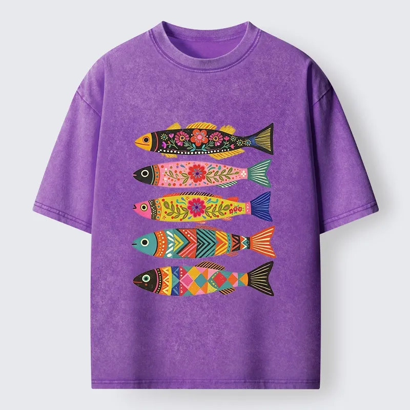 Tokyo-Tiger Colorful Patterned Fish Washed T-Shirt