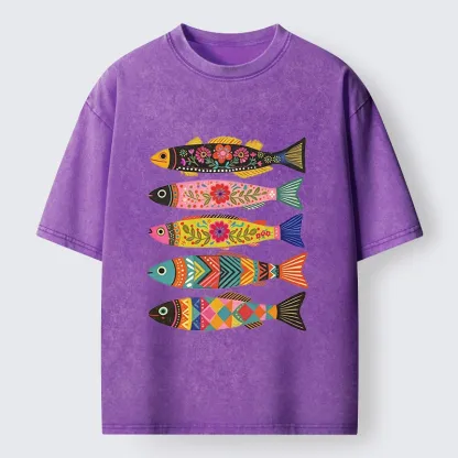 Tokyo-Tiger Colorful Patterned Fish Washed T-Shirt