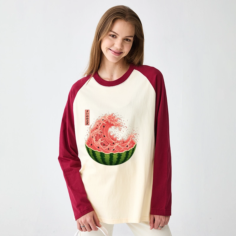 Tokyo-Tiger Watermelon Wave Summer Ukiyo Art Raglan Long Sleeve T-shirt