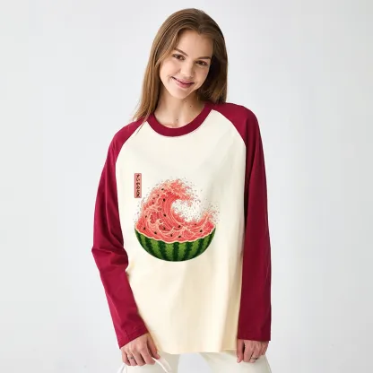 Tokyo-Tiger Watermelon Wave Summer Ukiyo Art Raglan Long Sleeve T-shirt