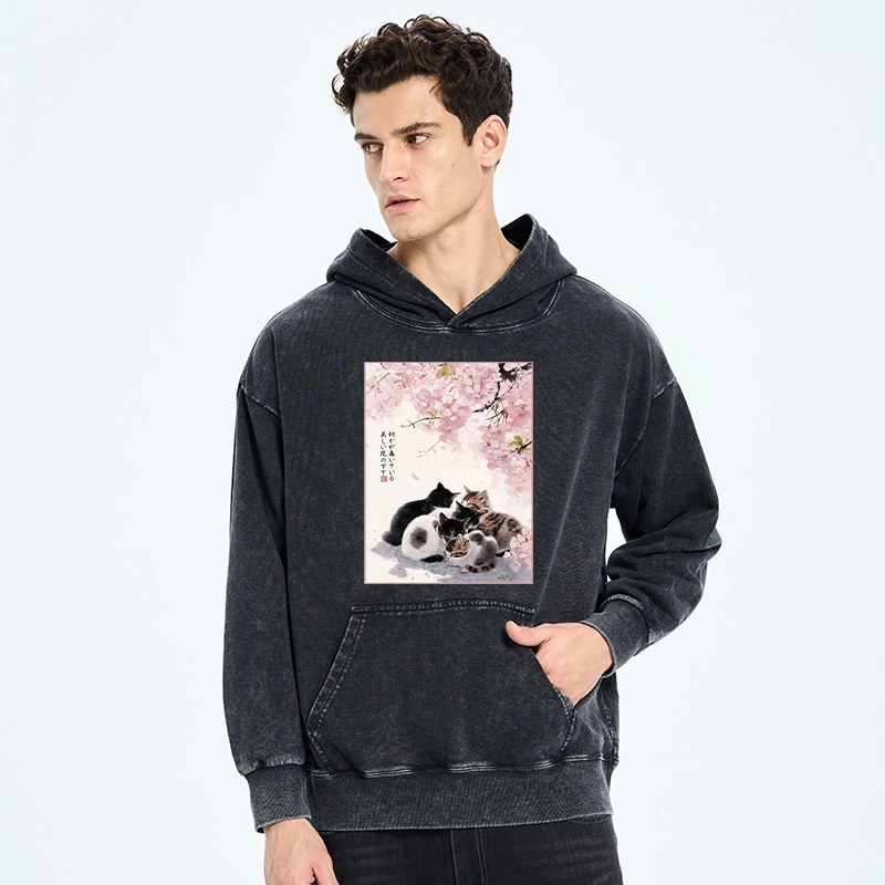 Tokyo-Tiger Cute Cats Sakura Garden Washed Hoodie