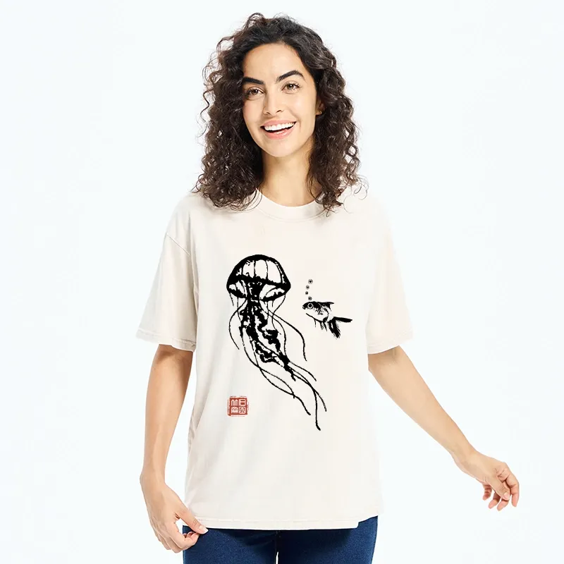 Tokyo-Tiger Ink Wash Jellyfish and Fish Washed T-Shirt