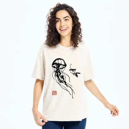 Tokyo-Tiger Ink Wash Jellyfish and Fish Washed T-Shirt