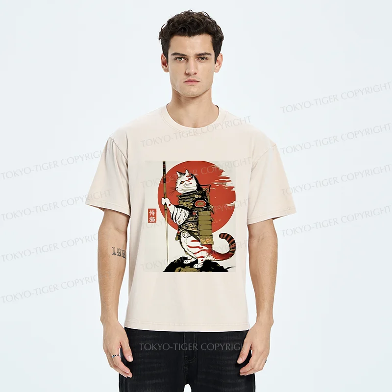 Tokyo-Tiger Samurai Cat Holding Sword Washed T-Shirt