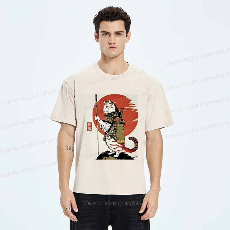 Tokyo-Tiger Samurai Cat Holding Sword Washed T-Shirt