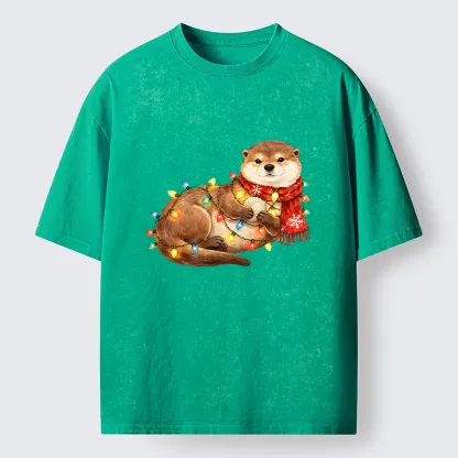Tokyo-Tiger Cozy Otter With Christmas Lights Washed T-Shirt