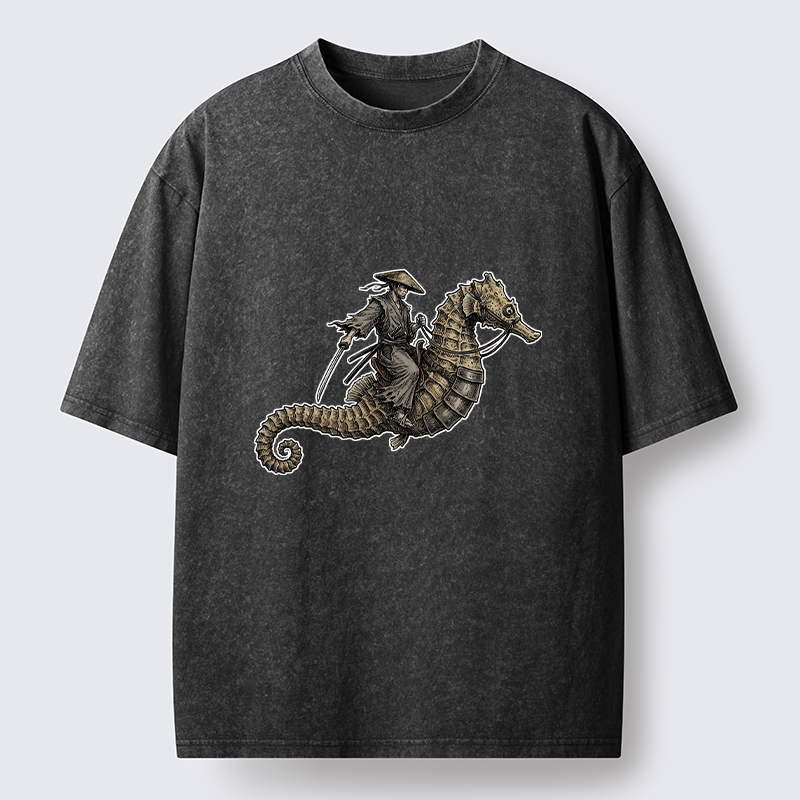 Tokyo-Tiger Samurai Riding Seahorse Washed T-Shirt
