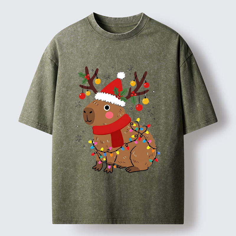 Tokyo-Tiger Cute Christmas Capybara Washed T-Shirt