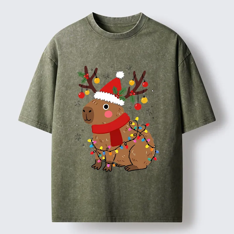 Tokyo-Tiger Cute Christmas Capybara Washed T-Shirt