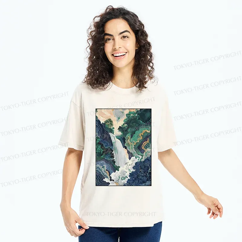 Tokyo-Tiger Japanese Landscape Painting Washed T-Shirt