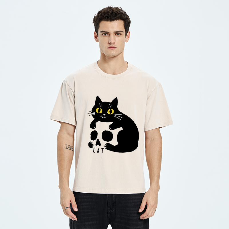 Tokyo-Tiger Cat And Skull Washed T-Shirt