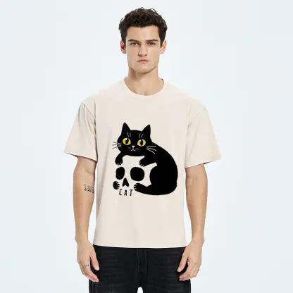 Tokyo-Tiger Cat And Skull Washed T-Shirt