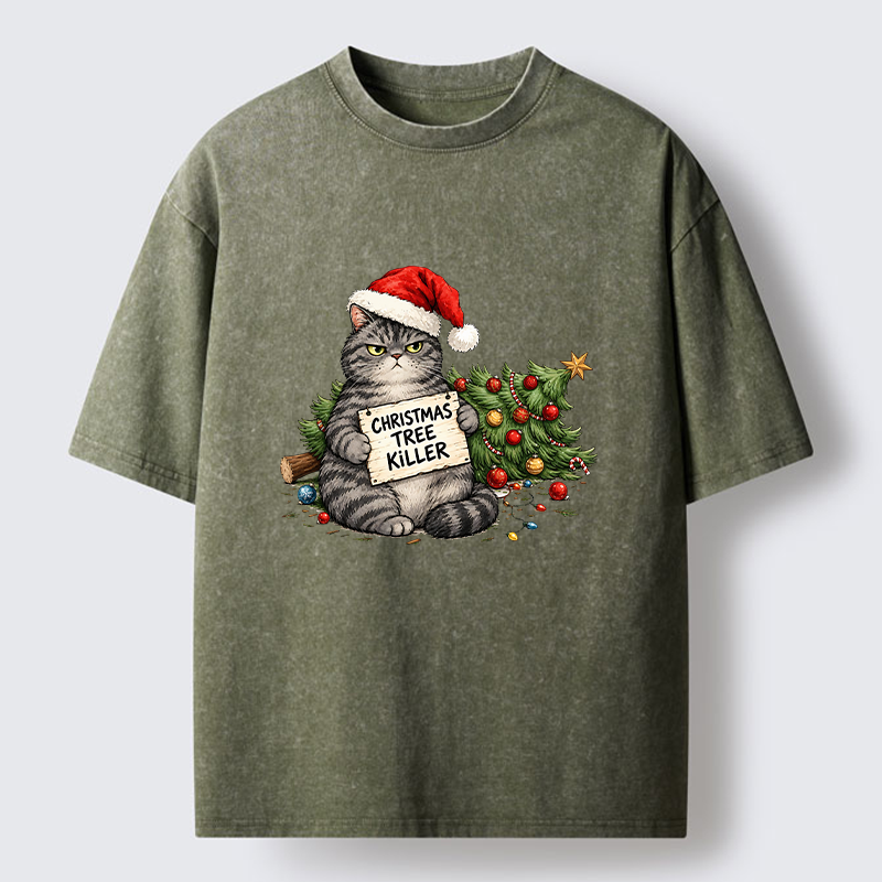 Tokyo-Tiger Playful Cat Messing With Christmas Tree Washed T-Shirt