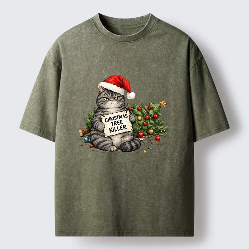 Tokyo-Tiger Playful Cat Messing With Christmas Tree Washed T-Shirt
