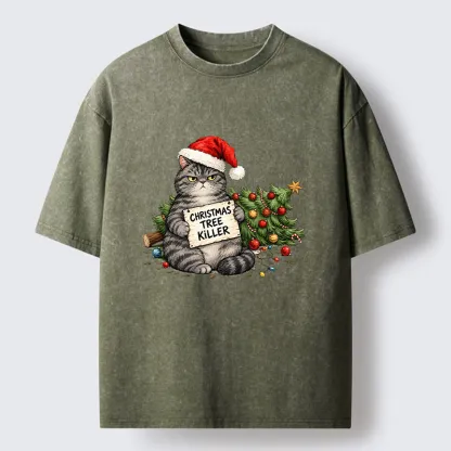 Tokyo-Tiger Playful Cat Messing With Christmas Tree Washed T-Shirt