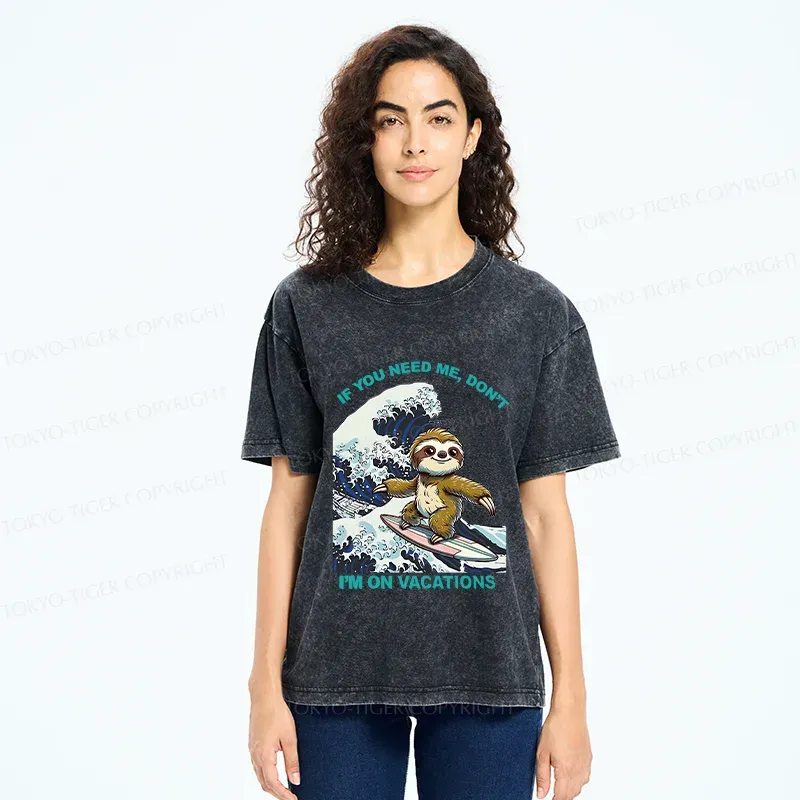 Tokyo-Tiger Surfing Sloth Funny Washed T-Shirt
