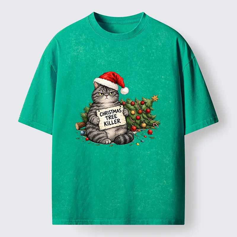 Tokyo-Tiger Playful Cat Messing With Christmas Tree Washed T-Shirt