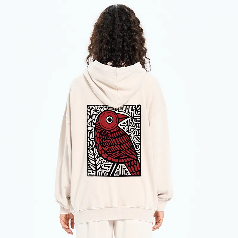 Tokyo-Tiger Retro Woodblock Bird Washed Zip Hoodie