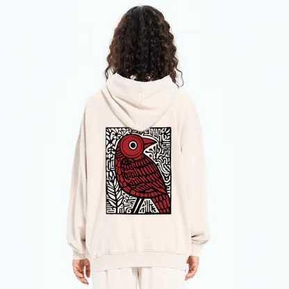 Tokyo-Tiger Retro Woodblock Bird Washed Zip Hoodie