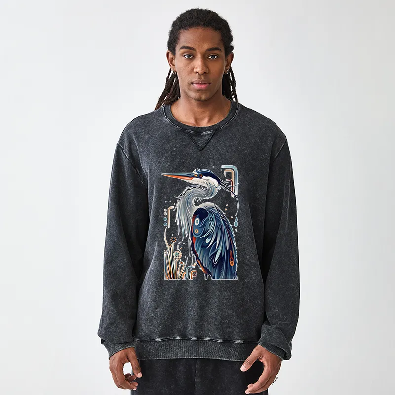 Tokyo-Tiger Stylish Blue Heron Washed Terry Sweatshirt