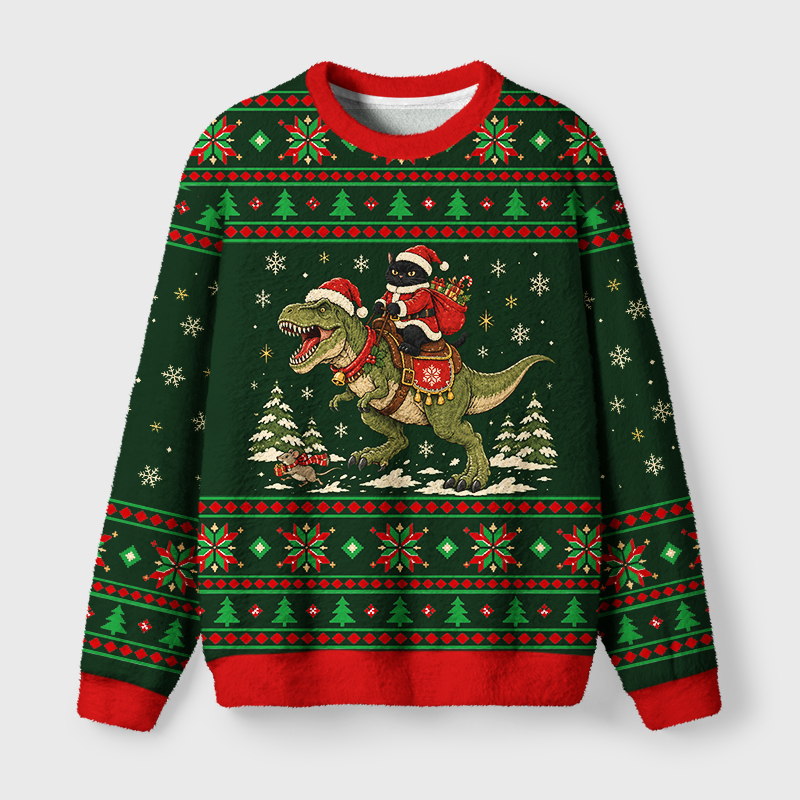 Tokyo-Tiger Black Cat Rides Dinosaur Fuzzy Christmas Ugly Sweatshirt Sale