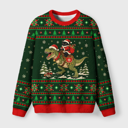 Tokyo-Tiger Black Cat Rides Dinosaur Fuzzy Christmas Ugly Sweatshirt