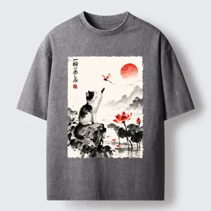 Tokyo-Tiger Cat Chases Dragonfly Washed T-Shirt