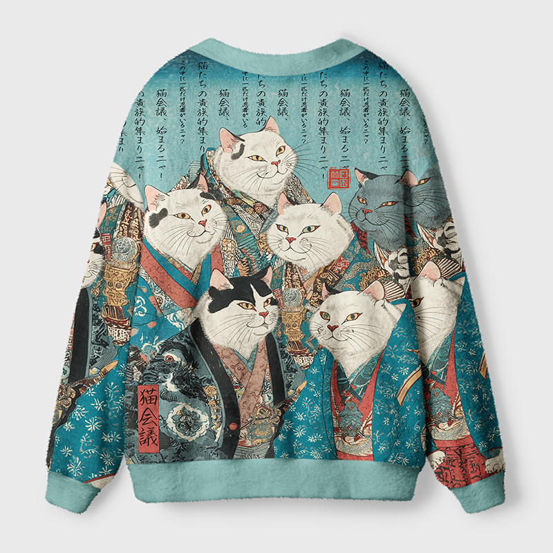 Tokyo-Tiger Formal Gathering of Ukiyo-e Cat Nobles Ugly Cardigan Sweater