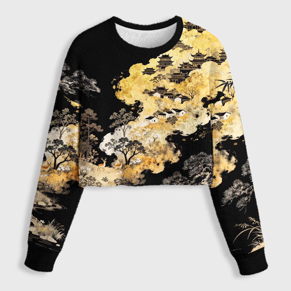 Tokyo-Tiger Vintage Oriental Landscape Women's Fuzzy Cropped Sweatshirt