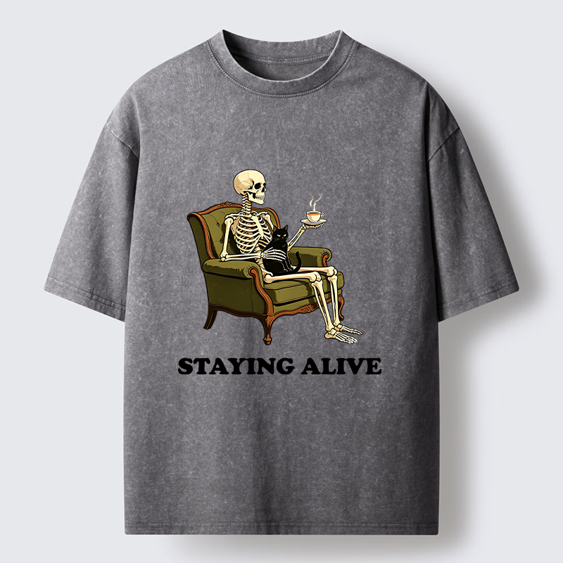 Tokyo‑Tiger Skeleton Coffee Cat Washed T‑Shirt