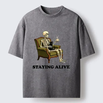 Tokyo‑Tiger Skeleton Coffee Cat Washed T‑Shirt